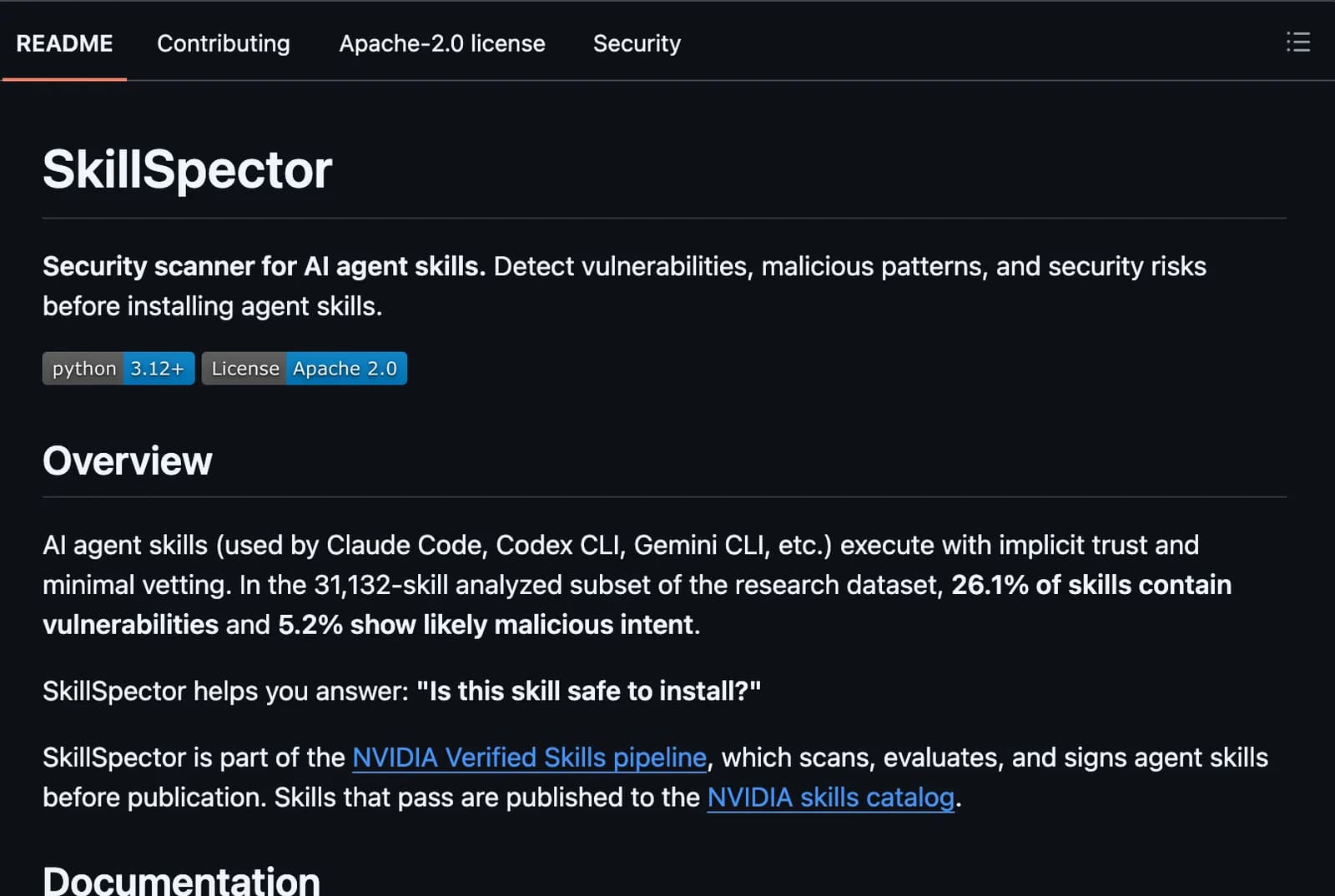 O dado está no README do SkillSpector, da NVIDIA.